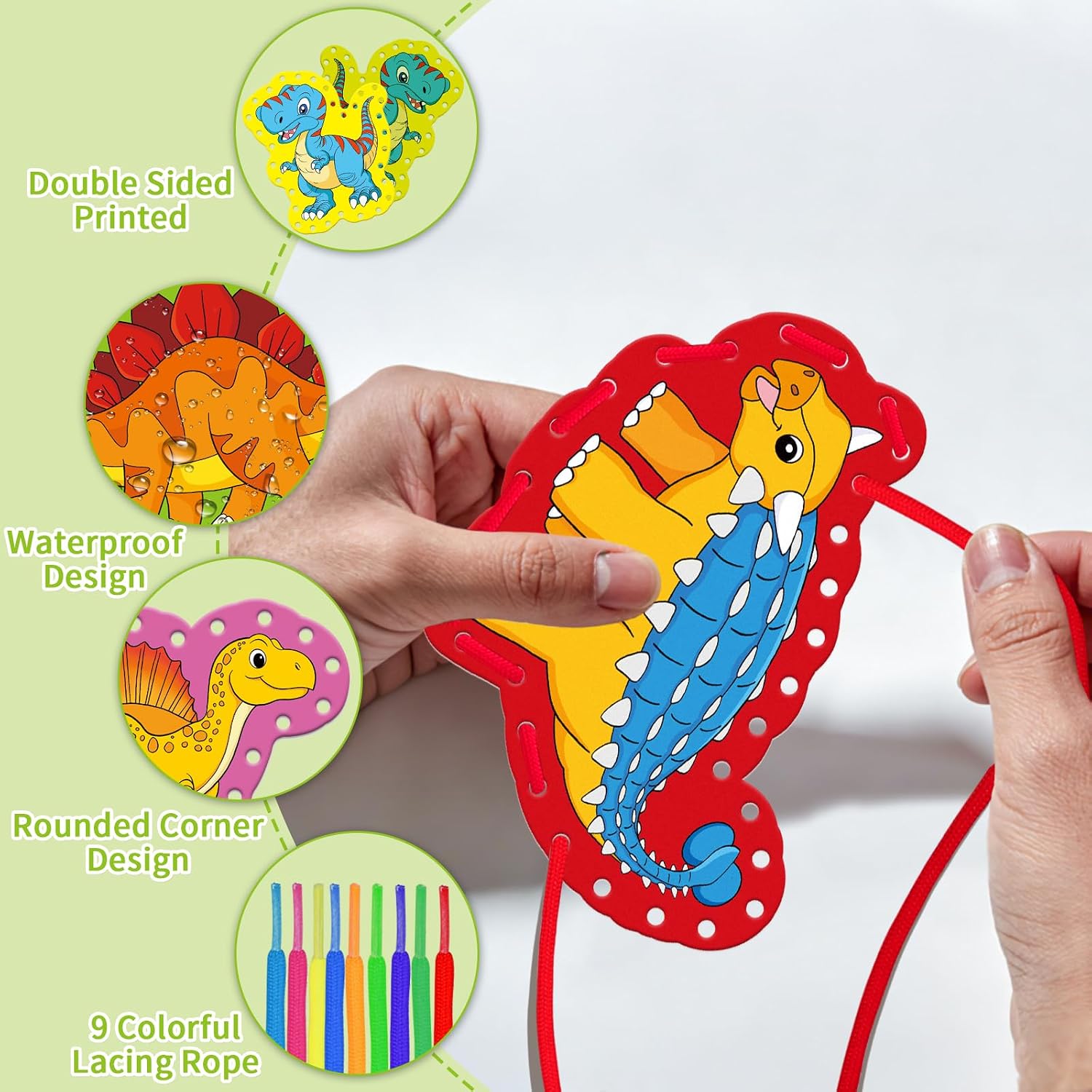 Dinosaur Lacing Cards,Double Side Toddler Sewing Kit for Kids,Fine Motor Skills Toys,Shoe Tying Practice,Manipulatives for Preschoolers,Classroom Must Haves,Preschool Learning Activities