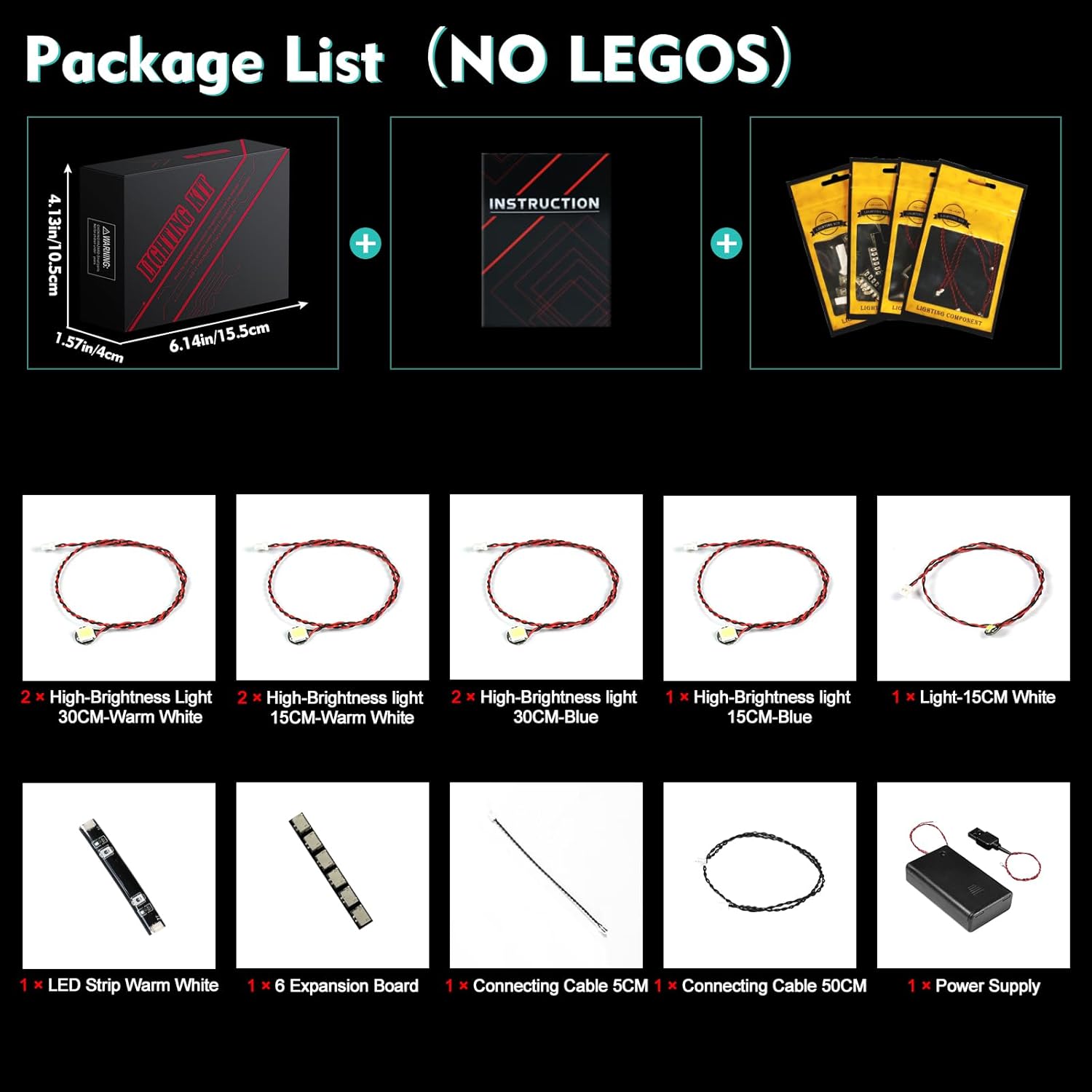 Detailed list of individual light kit components: various high-brightness lights, LED strip, expansion board, connecting cables, and power supply.