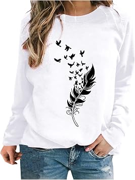 Cute Feather Hoodies for Women Girls Pullover Sweatshirt Clothes Softie Aesthetic Long Sleeve Thick Pullover Top White, M