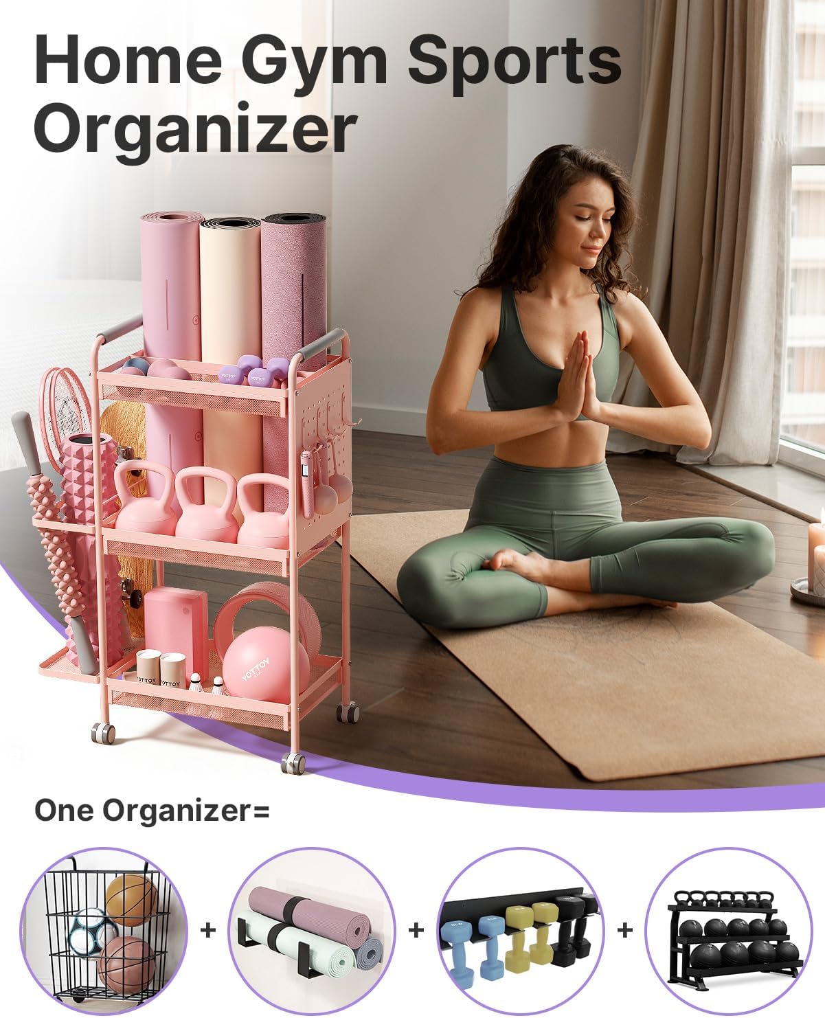 YOTTOY 3-Tier Gym Storage Rack for Home Gym–Multi-Functional Weight Rack, Dumbbell Rack, Yoga Mat Holder with Side Basket & 6 Hooks, Gym Equipment Organizer