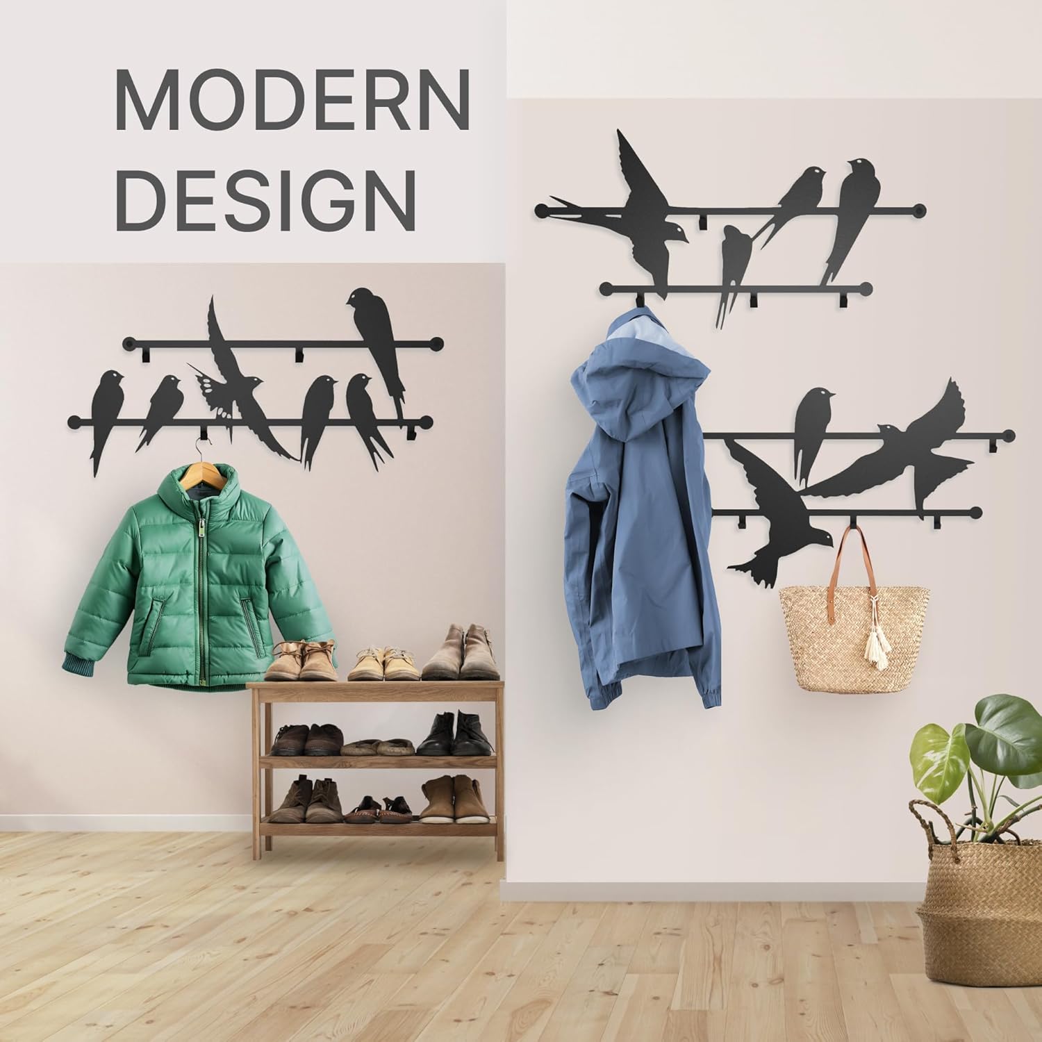 Entrance Wall Mounted Coat Rack 3pcs Metal Design Style Birds 23x40 Inches - Heavy Duty Hallway Hanger Hooks for Kids and Adults, Decorative Art Deco Iron Wardrobe Holder, Slim Stylish Steel Panels