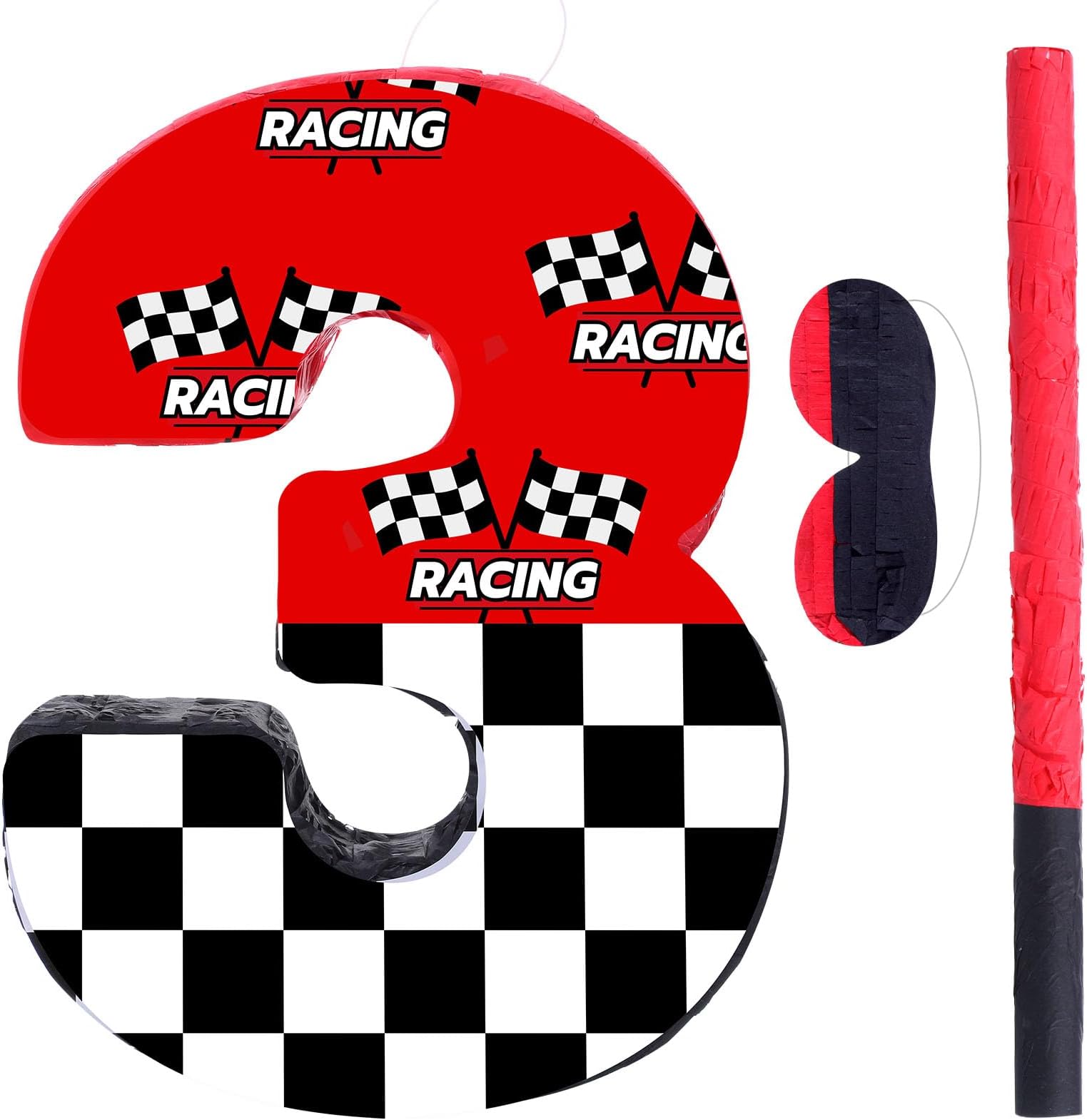 Red 3 Race Car Piñata Pull String Cars Piñatas for Birthday Party Decorations Number 2 3 4 5 6 with Blindfold Stick Small Red Black Racing Theme 2nd 3rd 4th 5th 6th Party Supplies