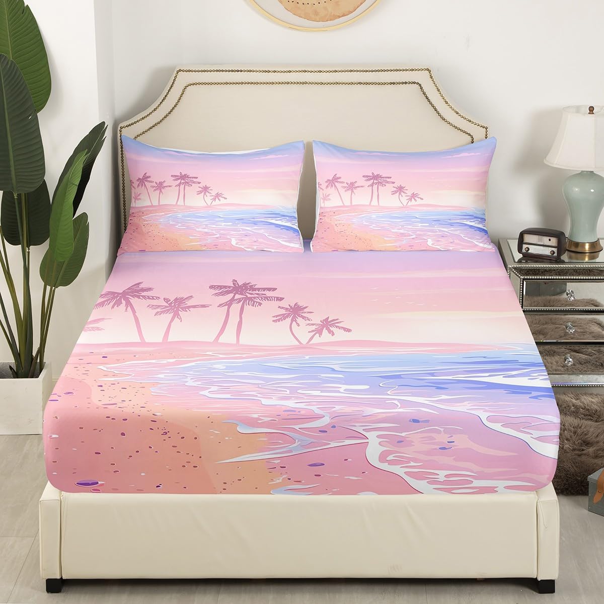 Homewish Pink Beach Sheet Set Twin Size,Coconut Tree Bedding Set 3Pcs for Kids Boys Girls Teens Bedroom Decor,Ramantic Hawaii Sea Style Bed Sheet Sweet Summer Ocean Top Flat Sheet,1 Pillowcase