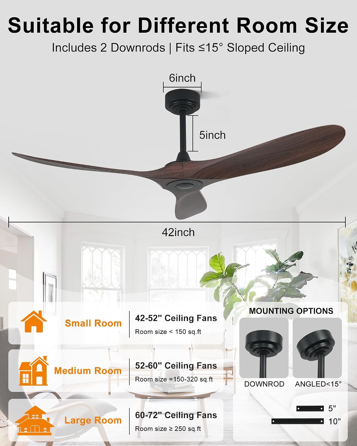 42" Ceiling Fan without Lights – Walnut Finish Outdoor Ceiling Fan with ABS Blades, 3-Blade, Remote & App Control, 6-Speed Adjustable Reversible DC Motor for Patio & Porch image 5
