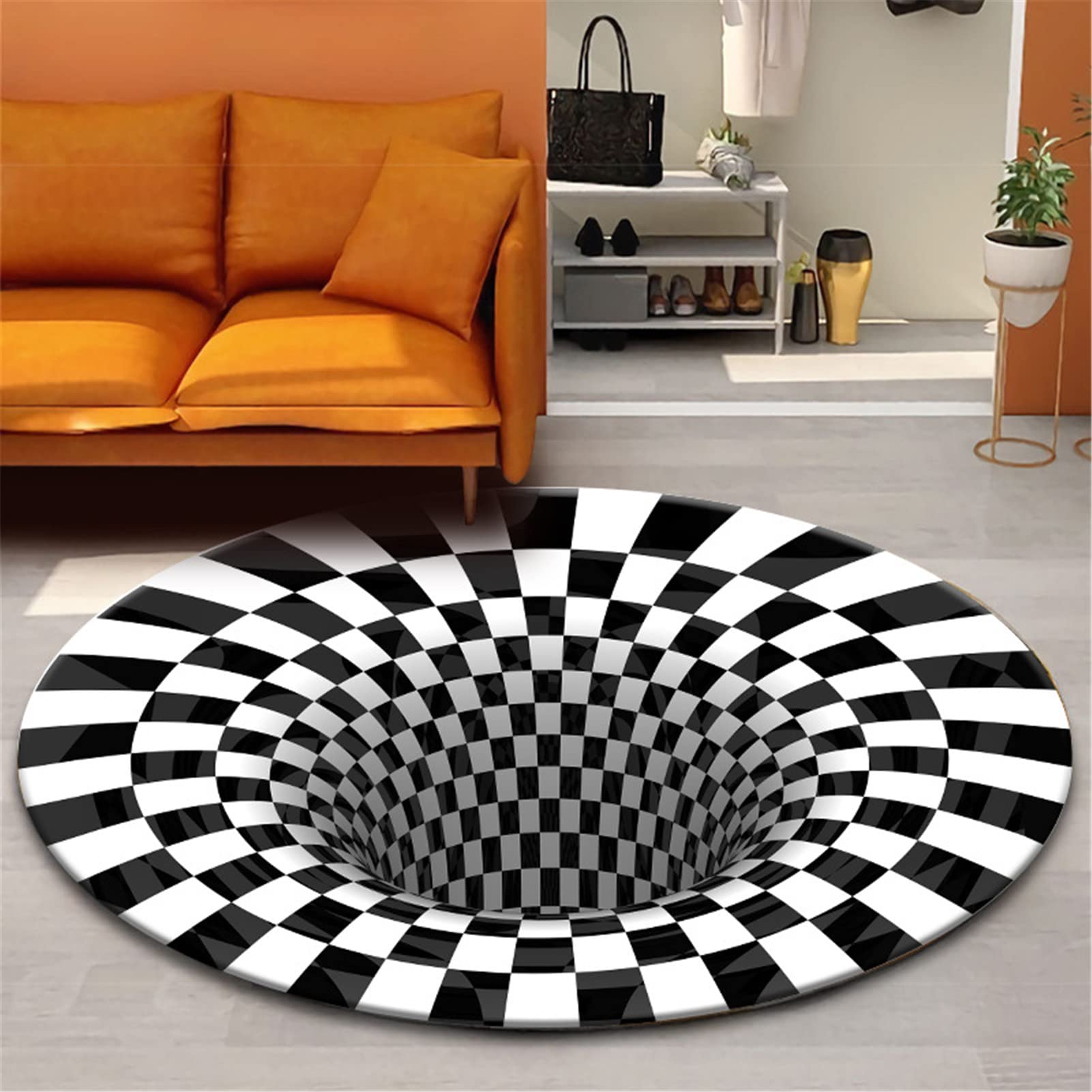 Tappeto 3D Antiscivolo Zerbino Tappeto Illusione Ottica Rotondo Tappeto A Scacchi Vortice Bianco E Nero Illusion per Soggiorno Sala da Pranzo Camera da Letto Cucina Interni Esterni,3,100cm