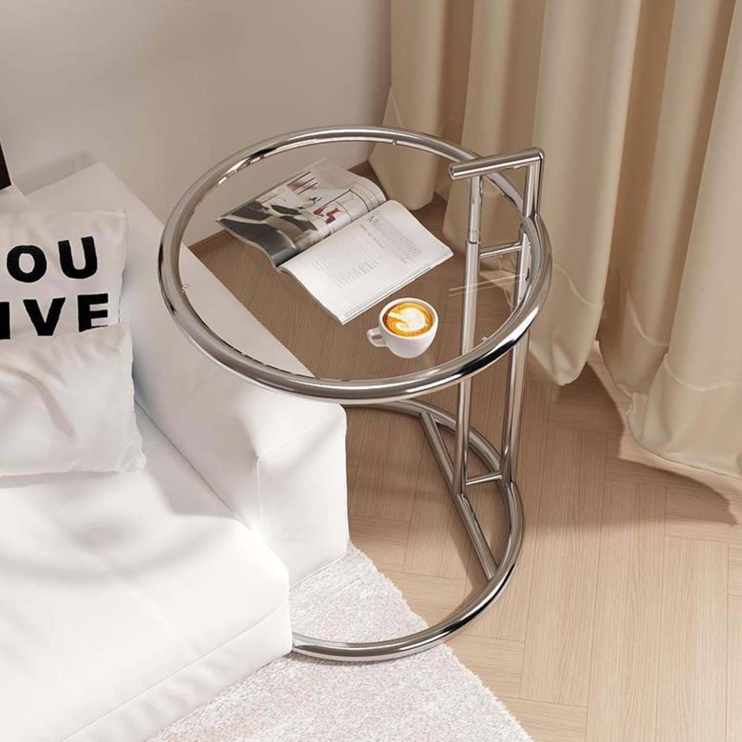 Round Glass Side Table, Stainless Steel Side End Table, Round Snack Side Table, Nightstand with Tempered Glass Top, C-Shaped Side Table for Couch,Living Room,Bedroom,Clear