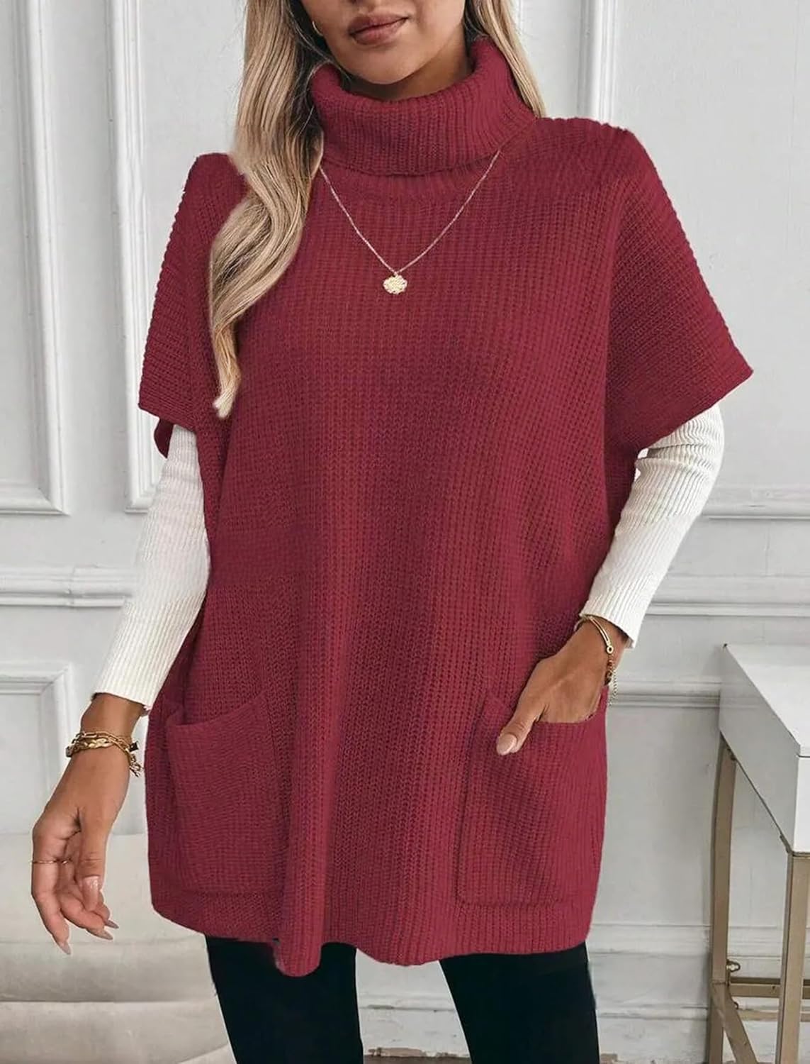 ZAFUL Women's Oversized Turtleneck Sweater Dress Short Batwing Sleeve Knitwear with Pockets Trendy Fall Sweaters 2025 - Image 2