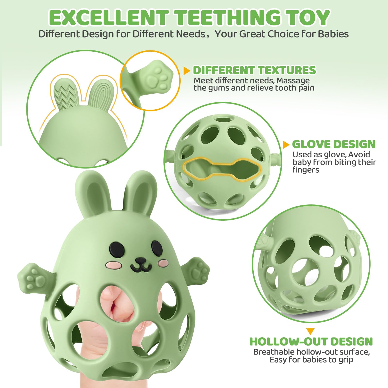 Orzbow Multiuso Massaggia Gengive Neonati Freezer, Silicone Sonaglio Neonato 0-3-6-9 mesi, Giochi Montessori con Design Openwork, Leggeri, Traspiranti, Facile Impugnare & Pulire, Verde Oliva