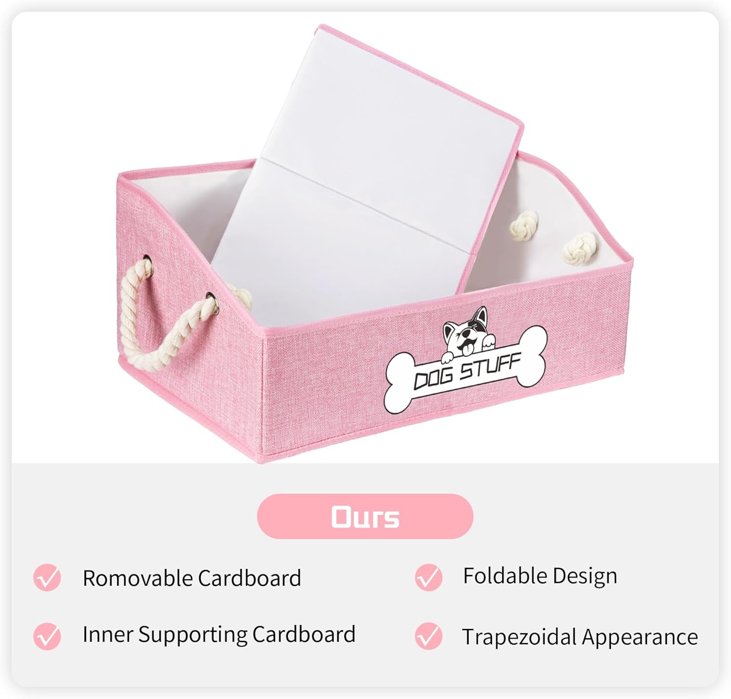 Collapsible Fabric Dog Toy Box and Storage Bin With Handle - Trapezoid Basket Chest Organizer for Pet Toys, Blankets and Accessories, Pink