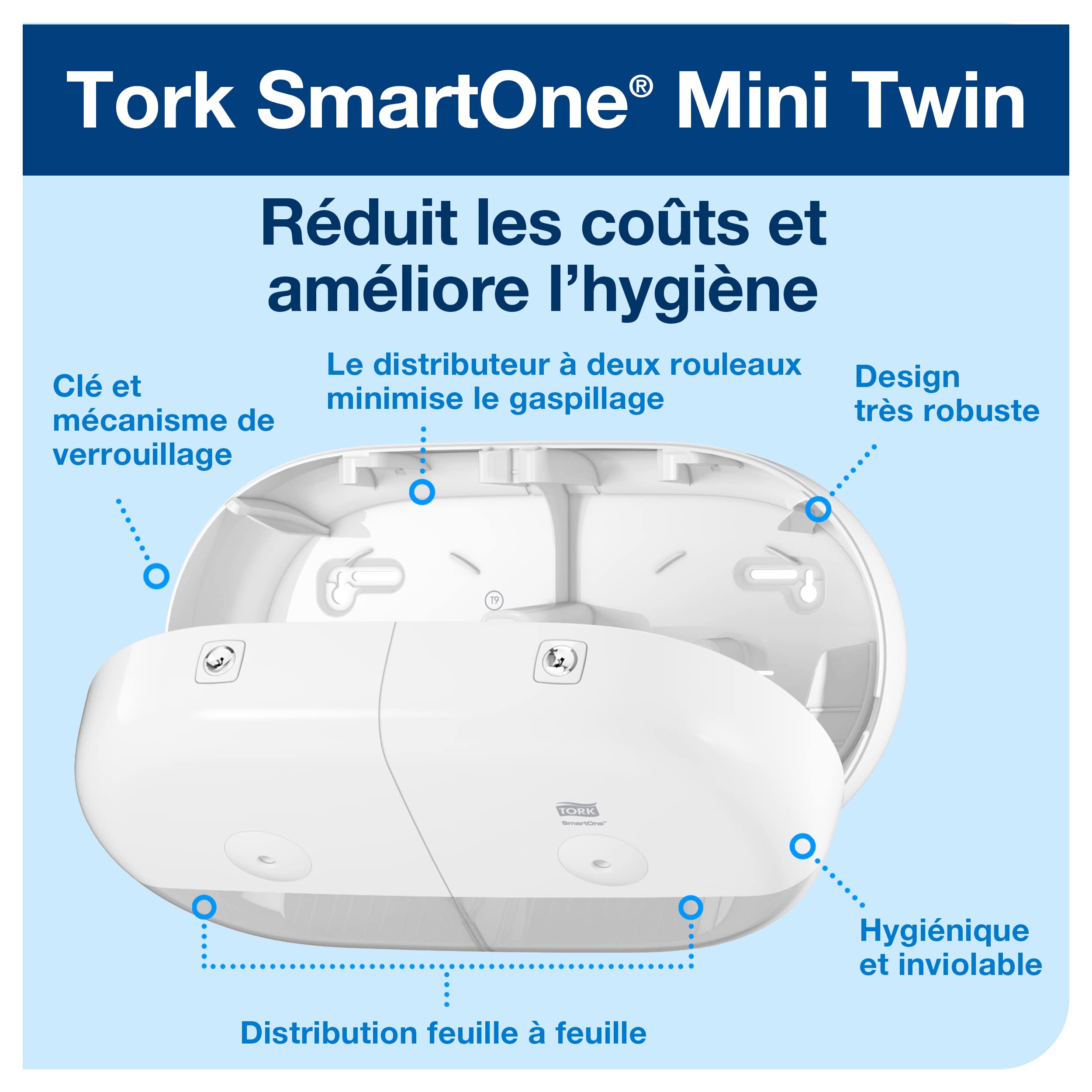 Tork SmartOne Distributeur murale Mini double pour papier toilette rouleau blanc T9, grande capacité, gamme Elevation, 682000