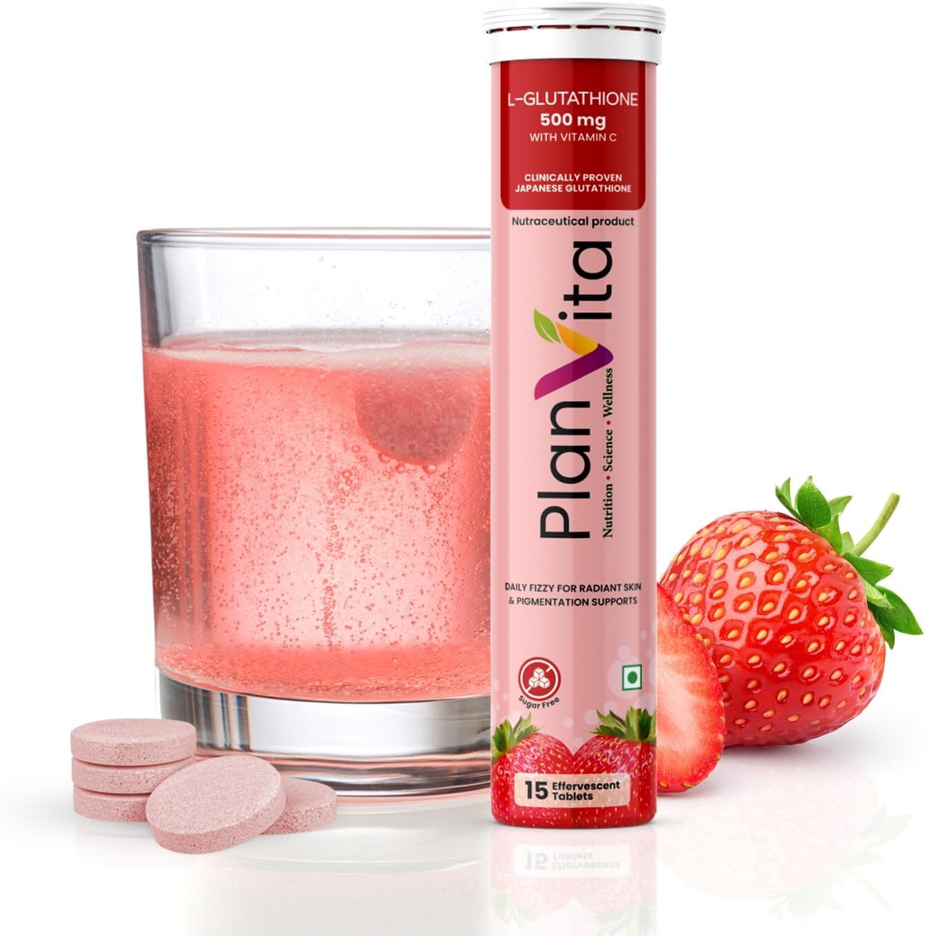 Japanese Glutathione Tablets for Radiant Skin 500mg, 15 Effervescent Tablets | Sugar Free L-Glutathione Supplements | Vitamin C E, Hyaluronic Acid | Strawberry Flavor