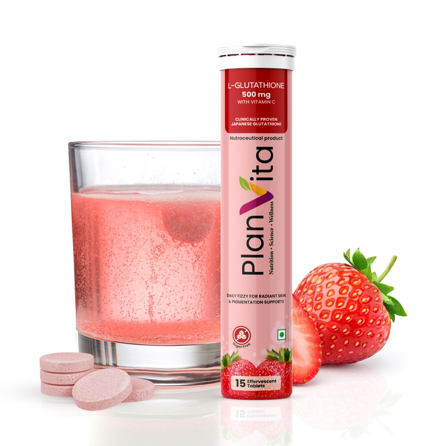 Japanese Glutathione Tablets for Radiant Skin 500mg, 15 Effervescent Tablets | Sugar Free L-Glutathione Supplements | Vitamin C E, Hyaluronic Acid | Strawberry Flavor