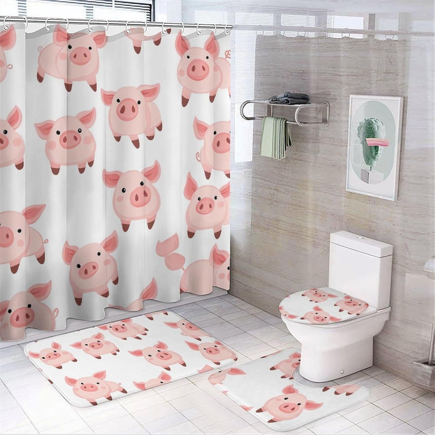 Cute Little Pigs Modern Bathroom Sets with Shower Curtain and Rugs Decor 4 Pcs with 12 Hooks