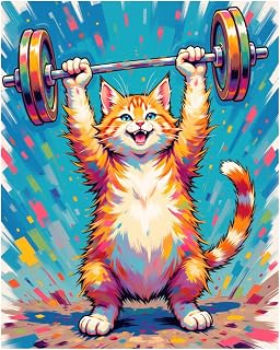 EnLvYY Strong Cat Lifting Weights Paint by Numbers for Adults 16x20 Inch, DIY Acrylic Painting Kit on Canvas, Playful Orange Kitten with Barbell, Unframed, Gift for Cat Lovers