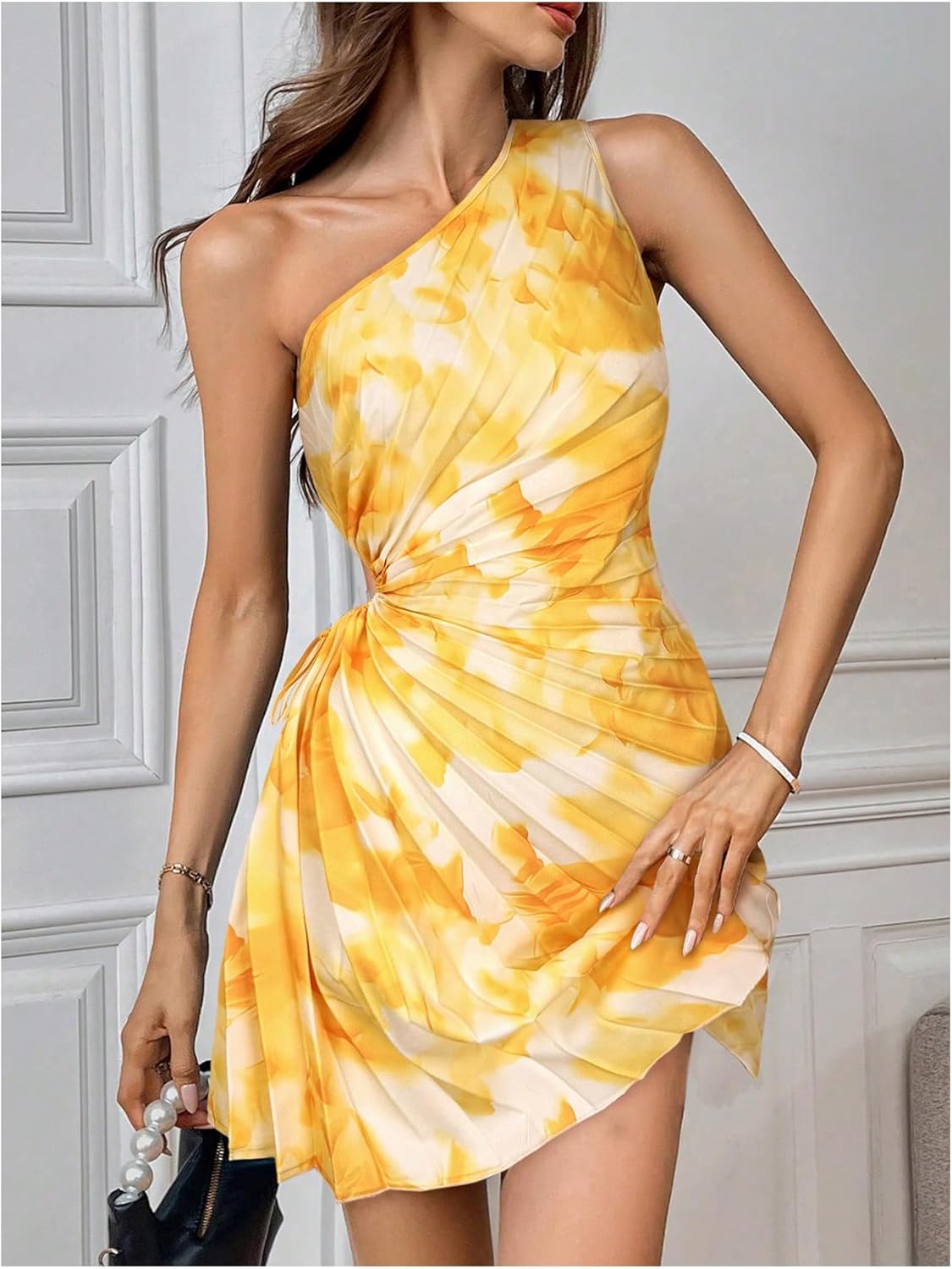 MakeMeChic Women's Summer Dress 2026 Tie Dye One Shoulder Mini Dress Pleated Cut Out Wedding Guest Dresses - Image 3