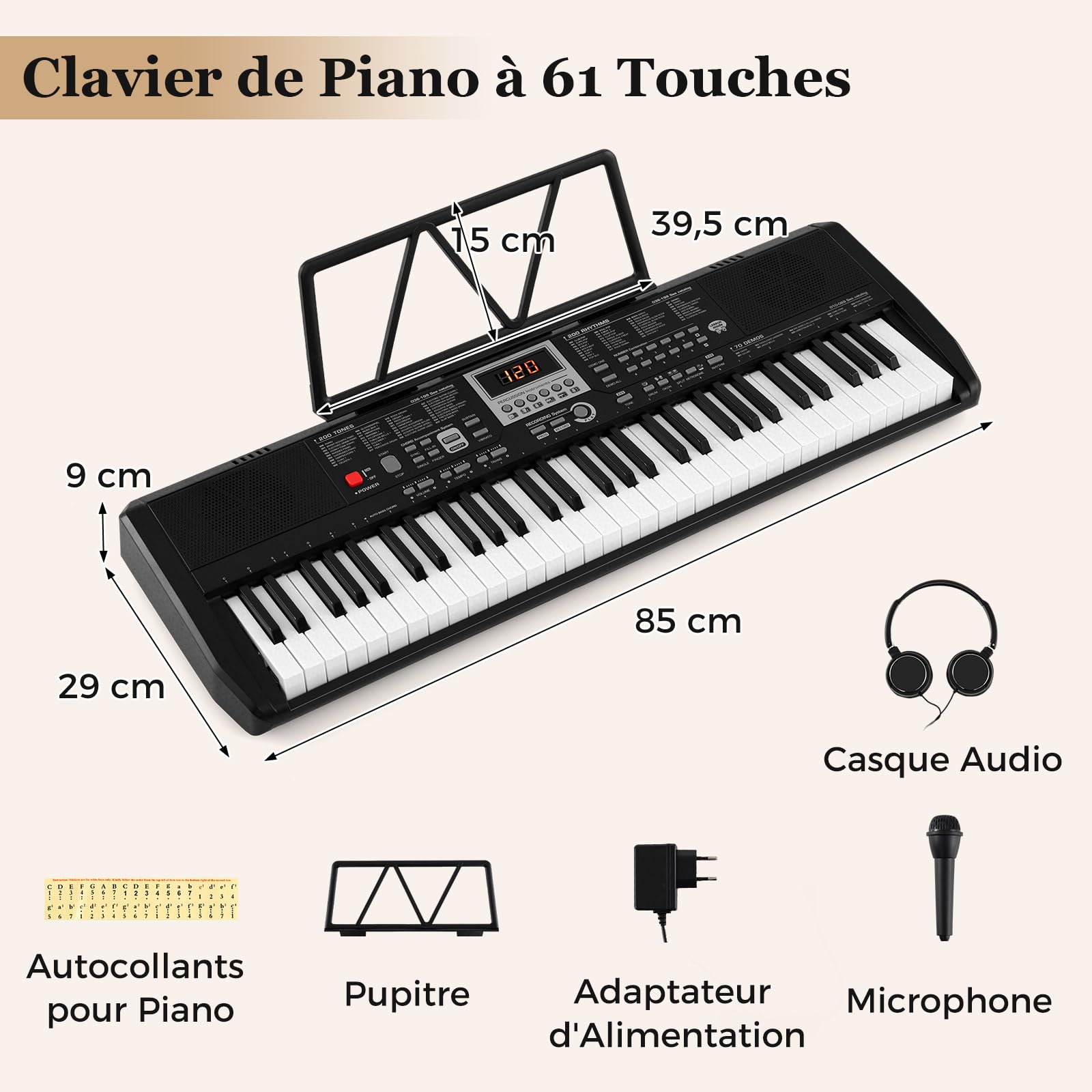 COSTWAY Piano Numérique 61 Touches avec Casque Pupitre Microphone, Clavier Piano avec 2 Haut-Parleurs, Touches Lumineuses, Mode d'apprentissage, 200 Sons 200 Rythmes 70 Démo pour Débutants