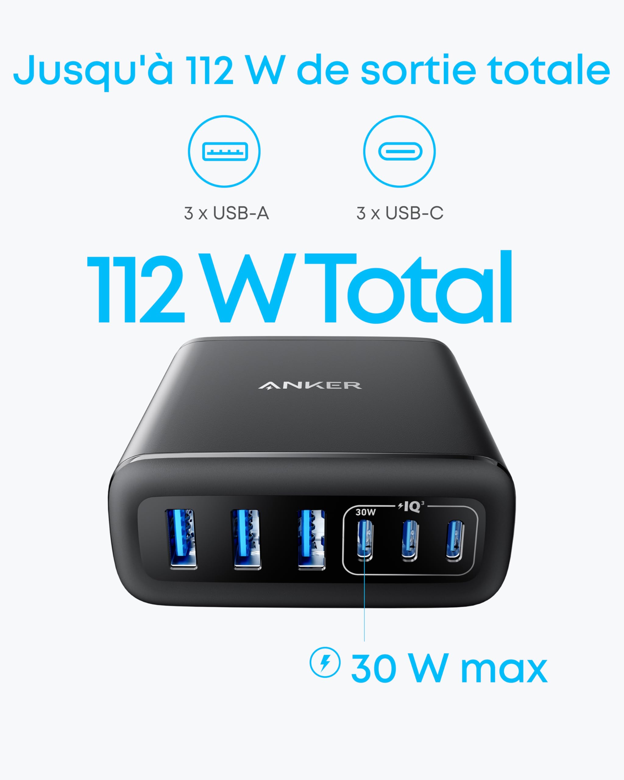 Anker Chargeur USB C 112W, Station de Recharge 6 Ports Sortie, pour iPhone 16/16 Plus / 16 Pro / 16 Pro Max/séries 15/14/ 13, MacBook Air, Pixel, Galaxy, iPad, et Autres (câble Non Inclus)