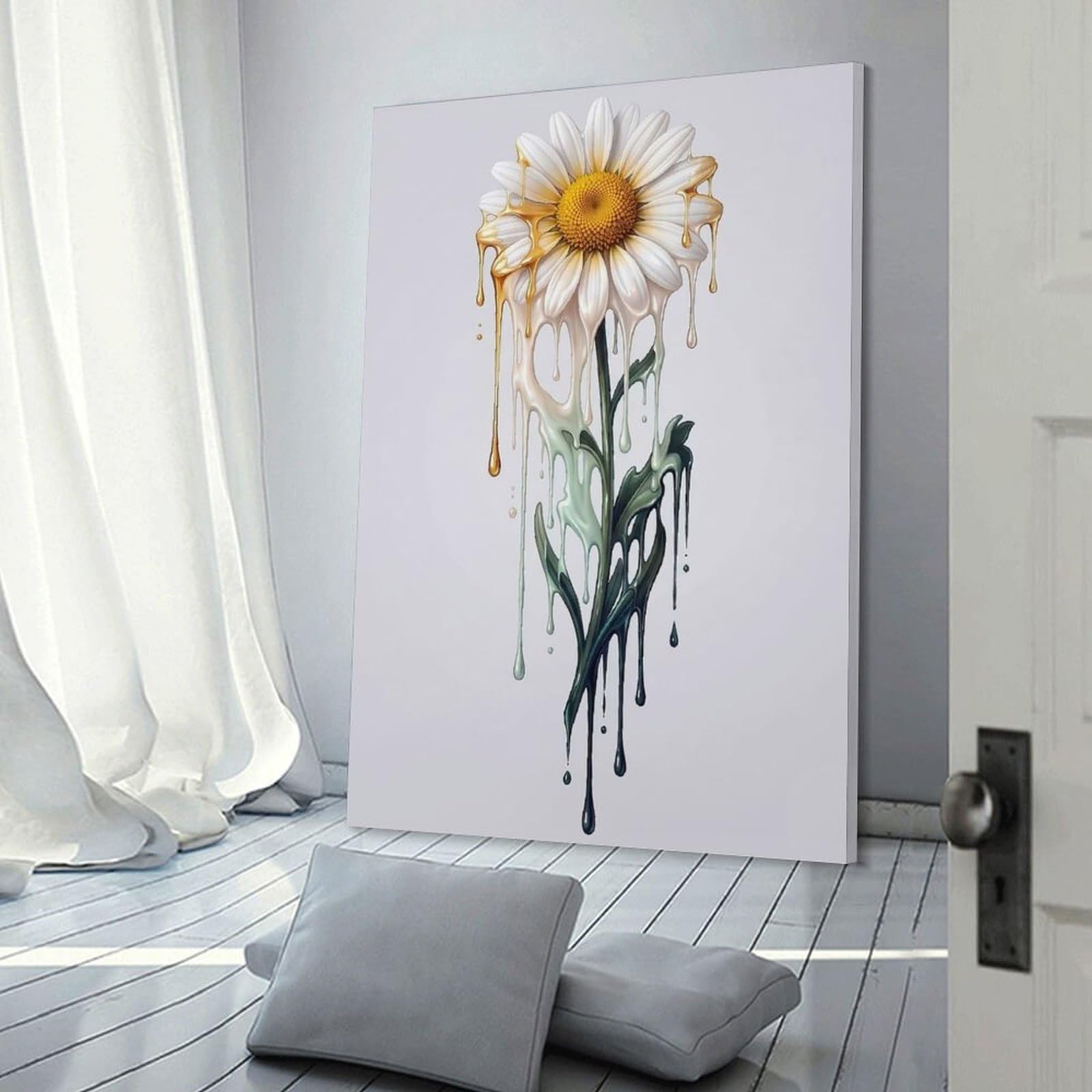 Junmoney Decorative Canvas Print Dripping Daisy Flower, 20x30inch(50x75cm), for Home Office, Desk Area Or Studio, Home Office Artwork with Decorative Appeal