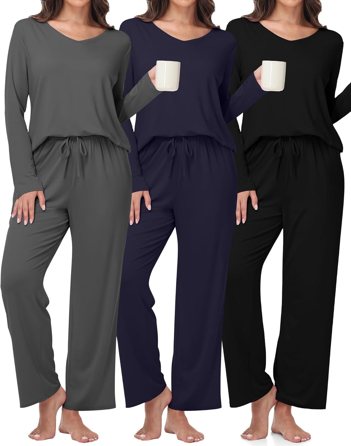 3 Pack Women's Pajama Set Long Sleeve Pajamas Top and Pants Soft V Neck Pjs Set Loungewear with Pockets