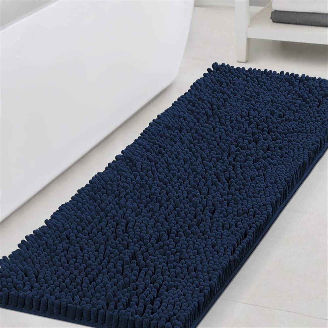 Tapis de bain antidérapant en microfibre doux, lavable en machine, pour décoration de salle de bain, 120 x 43 cm, bleu marine