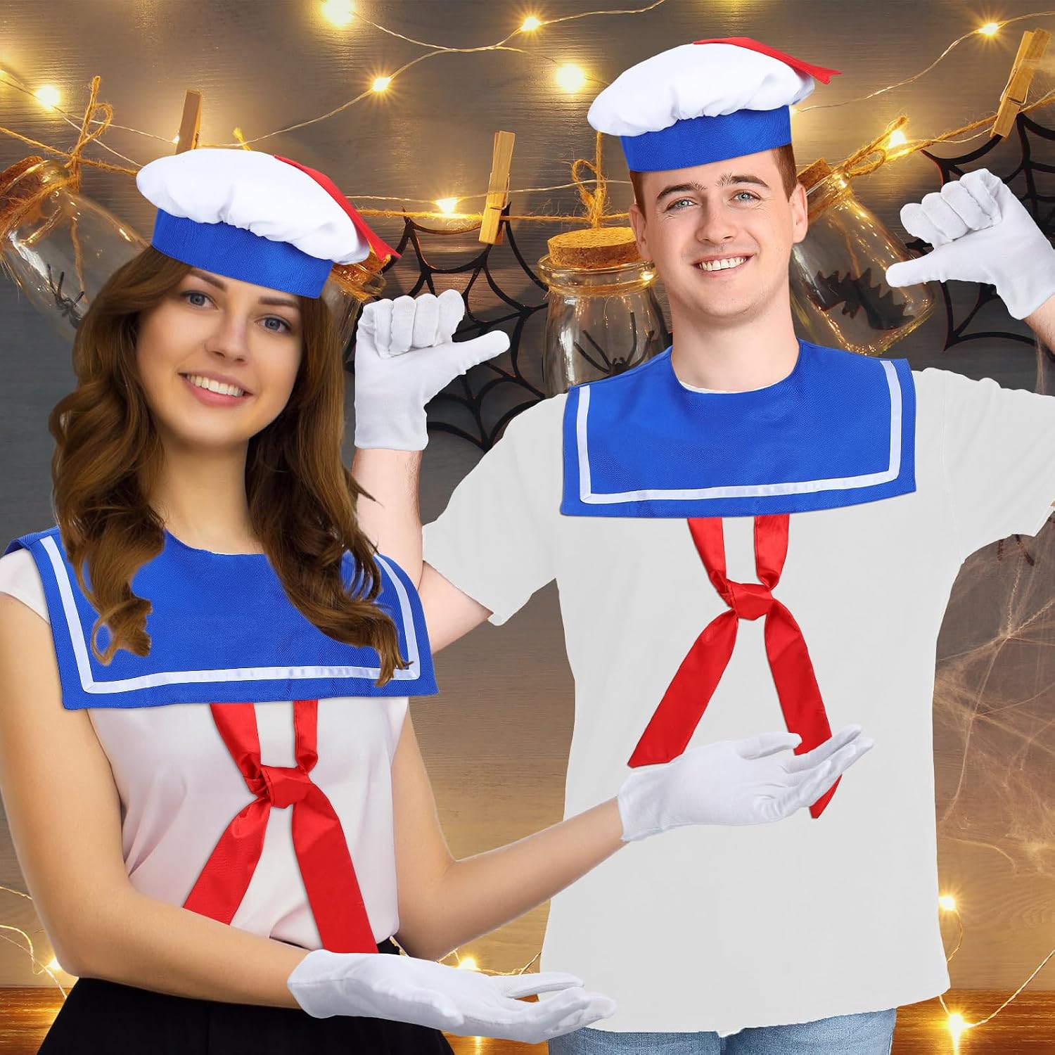 Tellingyou 3 Pcs Halloween Giant Colossal Sailor Candy Specter Monster Costume Accessories Sailor Uniform Set Hat Gloves Collar with Tie for Adults Cosplay Party