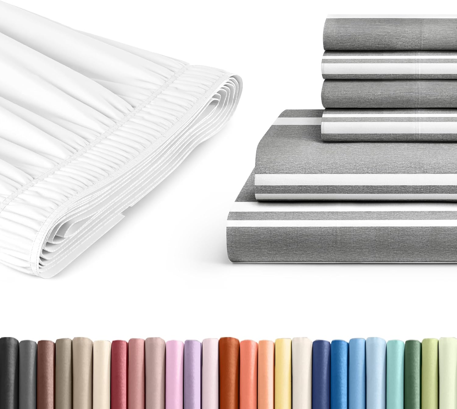 6 Piece Queen Grey Stripes Bed Sheet Set + White Adjustable Bedskirt with 15" Drop Bundle - Hotel Luxury Quality Sheets w/ 16 inch Deep Pockets - Breathable, Cooling, Soft & Wrinkle Free - Oeko-Tex