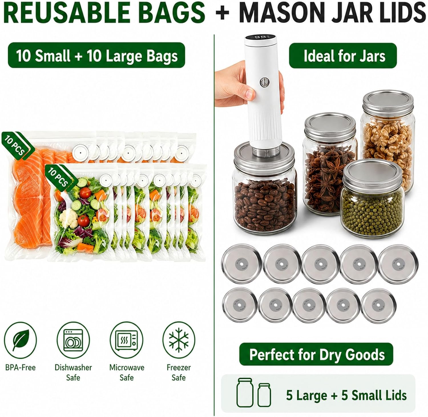 2026 Upgraded Compact Vacuum Sealer, Powerful Handheld Vacuum Sealer Machine with 20 Reusable Bags & 10 Mason Jar Lids, Portable Electric Food Saver, for Meal Prep, Camping, Home Kitchen