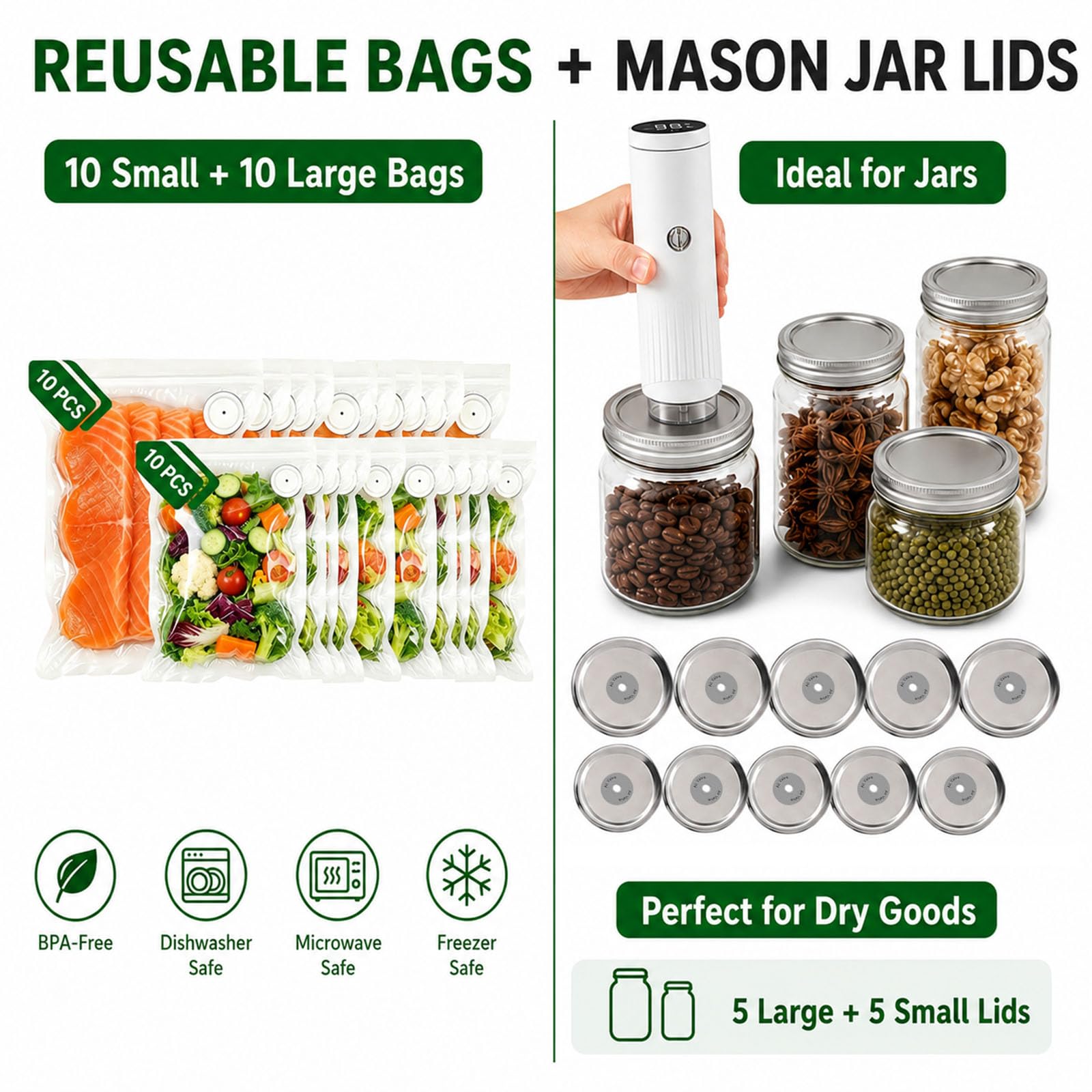 Envasadora al vacío pequeña, inalámbrica, completamente automática, para alimentos, con 20 bolsas de vacío reutilizables, sellador al vacío para vasos con 10 tapas de Mason Jar, para viajes, oficina y