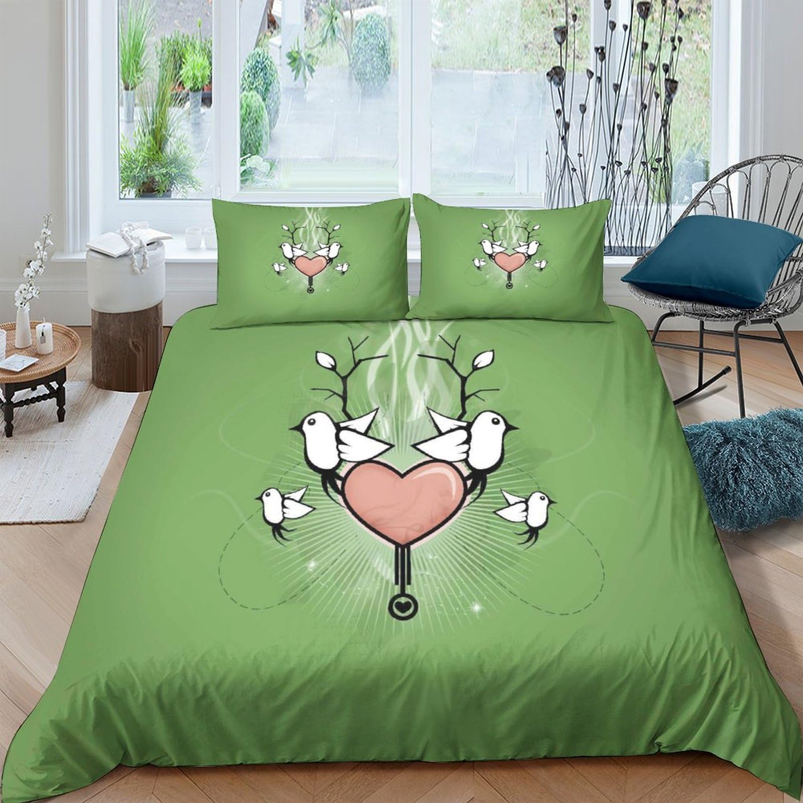 Housse de couette oiseau d'amour microfibre zippée lit 2 personnes