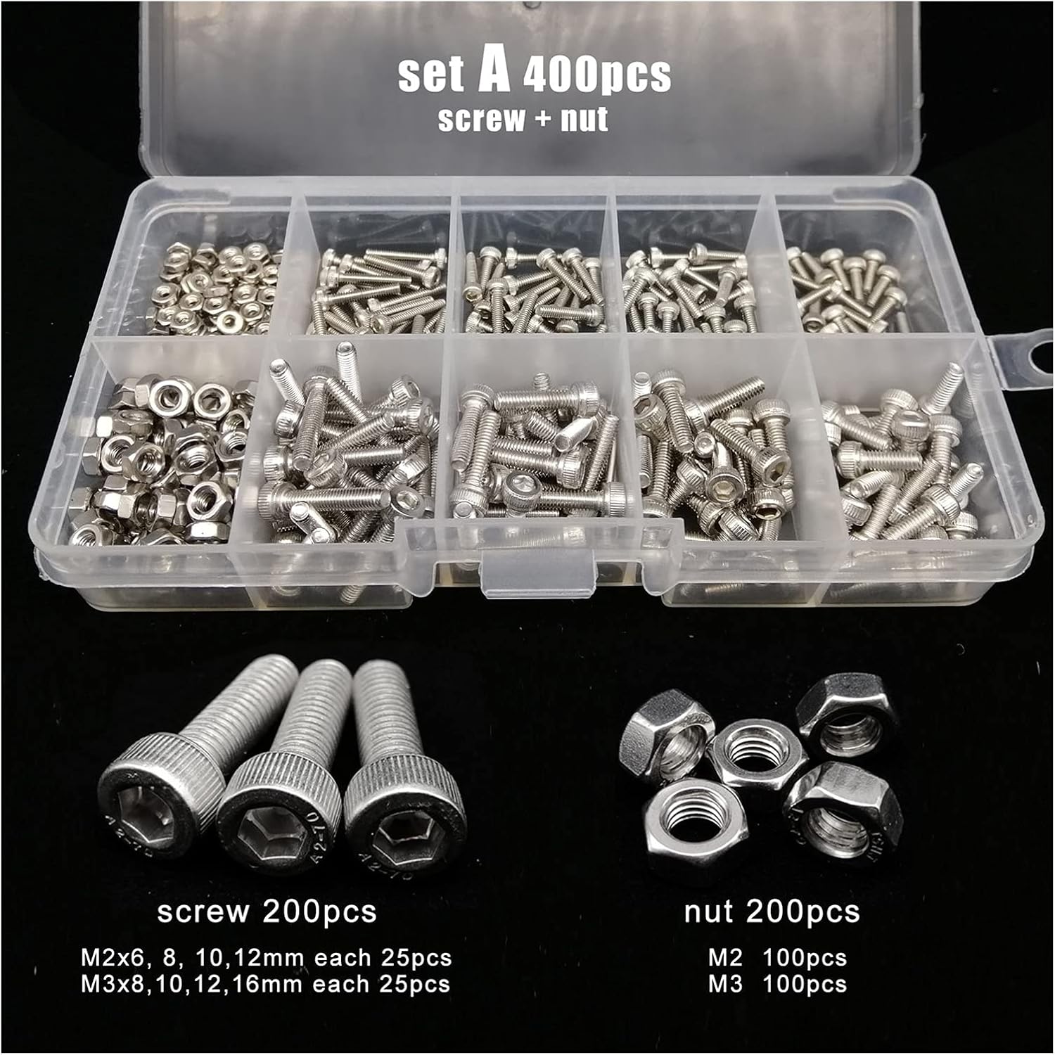 YANGQI yaoqijie Total 400/650/1140/2100X M1.6 M2 M2.5 M3 M4 M5 304 Stainless Steel Hexagon Hex Socket Cap Head Screw Bolt Nut Set Assortment Kit Lasting (Color : Set A 400pcs)