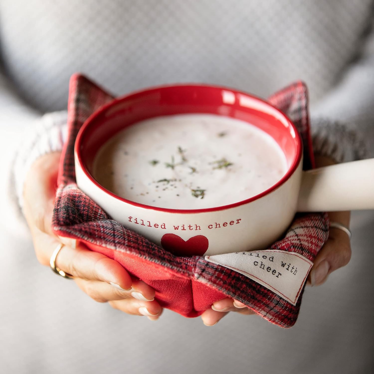 DEMDACO Filled with cheer Red and Cream 18 Ounce Stoneware Christmas Soup Crock and Bowl Cozy