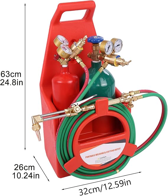 Portable Oxy Acetylene Torch Kit, Long Pipe Brass Nozzle Welding Torch Kit with Gauge Oxygen Acetylene, Brazing Torch Kit, Welding Cutting Torch Kit Soldering Equipment (Red)