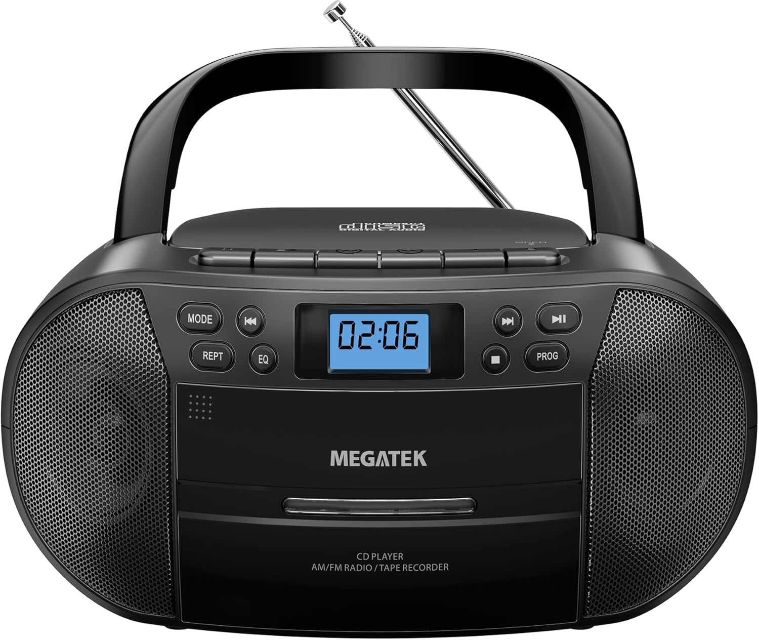 MEGATEK CBR510 Portable CD/Cassette Player Boombox with Bluetooth, AM/FM Radio, USB Playback, AUX Input, Headphone Jack, LCD Display, AC/Battery Powered Stereo System for Home