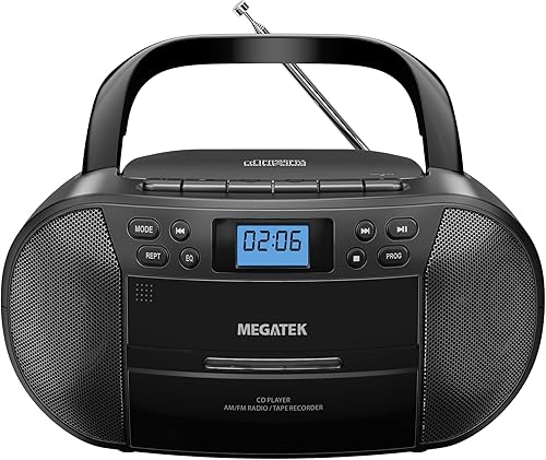 MEGATEK CBR510 Reproductor portátil de CDcassette Boombox con Bluetooth, radio AMFM, reproducción USB, entrada AUX, conector para auriculares,