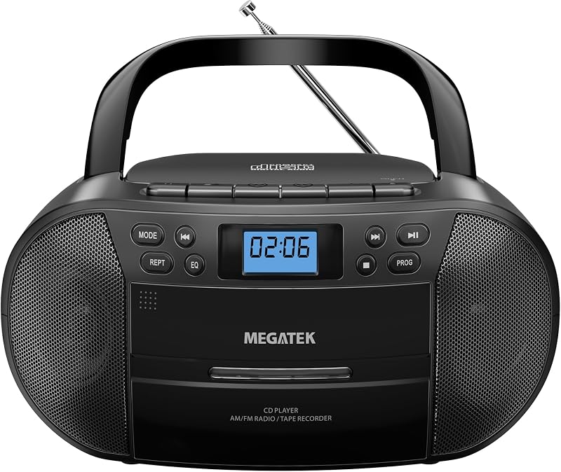 MEGATEK Portable CD/Cassette Player Boombox with Bluetooth & AM/FM Radio | USB Playback, Tape Recording, Clear Stereo Sound, AUX Input, Headphone Jack, Backlit LCD Display, AC/Battery Powered