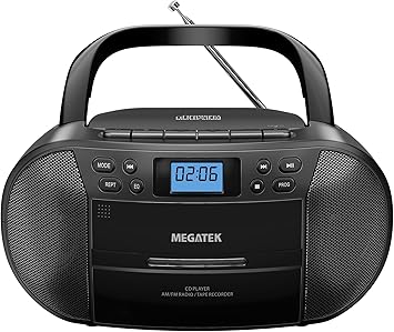 MEGATEK CBR510 Portable CD/Cassette Player Boombox with Bluetooth, AM/FM Radio, USB Playback, AUX Input, Headphone Jack, LCD Display, AC/Battery Powered Stereo System for Home