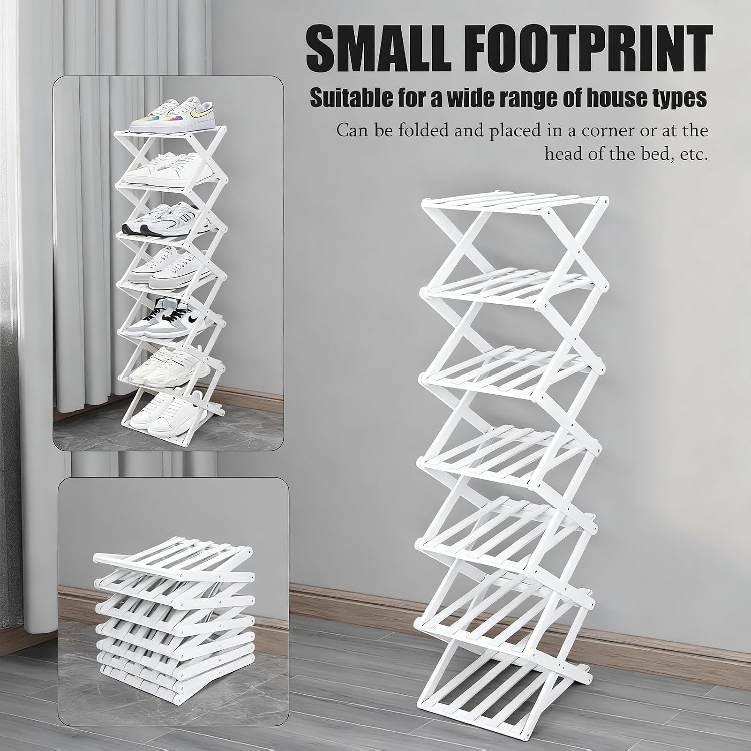 Vertical Narrow Shoe Rack White, 7 Tier Portable Folding Shoe Storage Rack, Without Installation Free Standing Shoe Rack for Corridors, Bedrooms Living Room Corner and Small Spaces