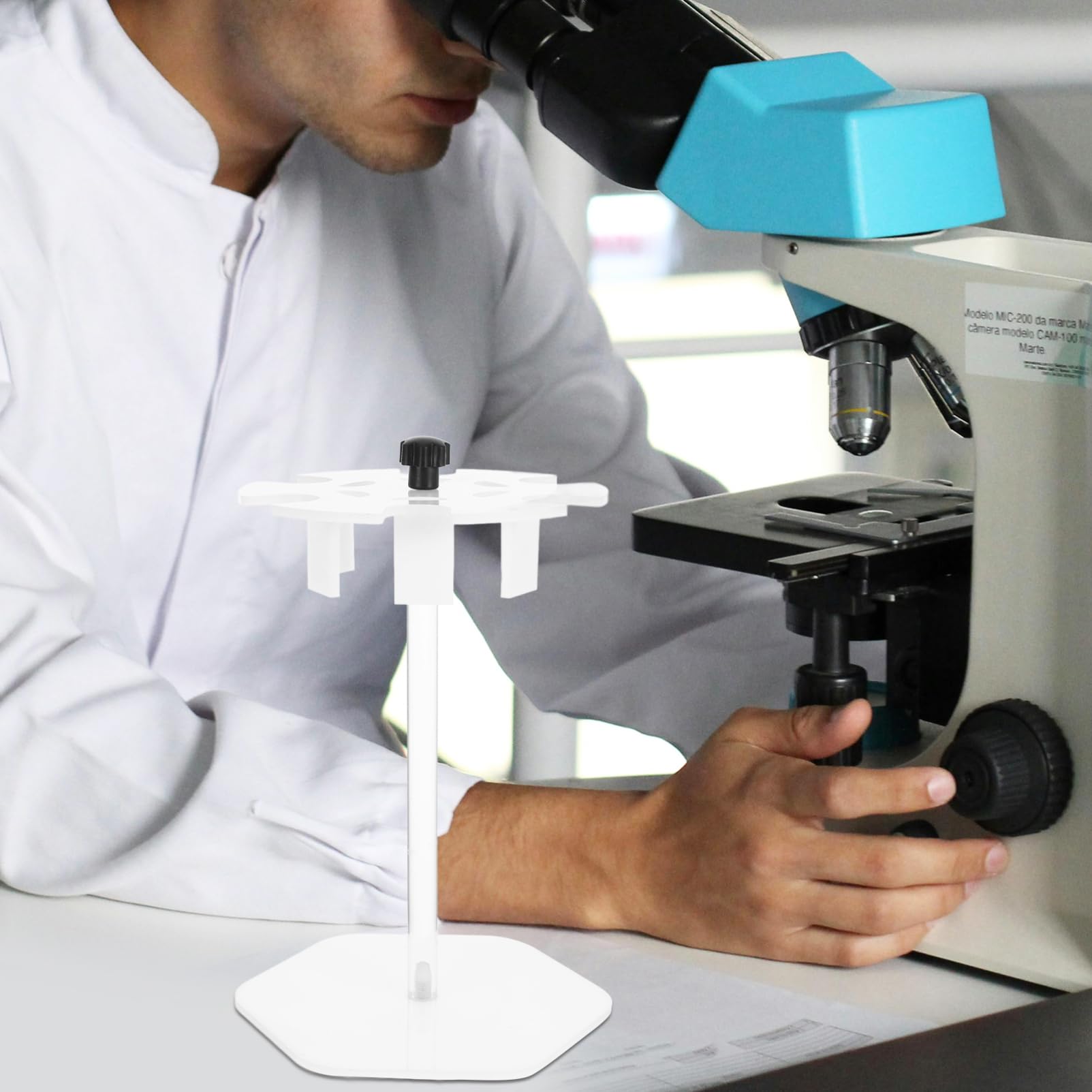 Supporto per Pipette Rotondo 6 Posti in Acrilico per Laboratorio | Struttura Smontabile, Bianco, Supporto Stabile, Uso Ricerca, Forniture Tecniche