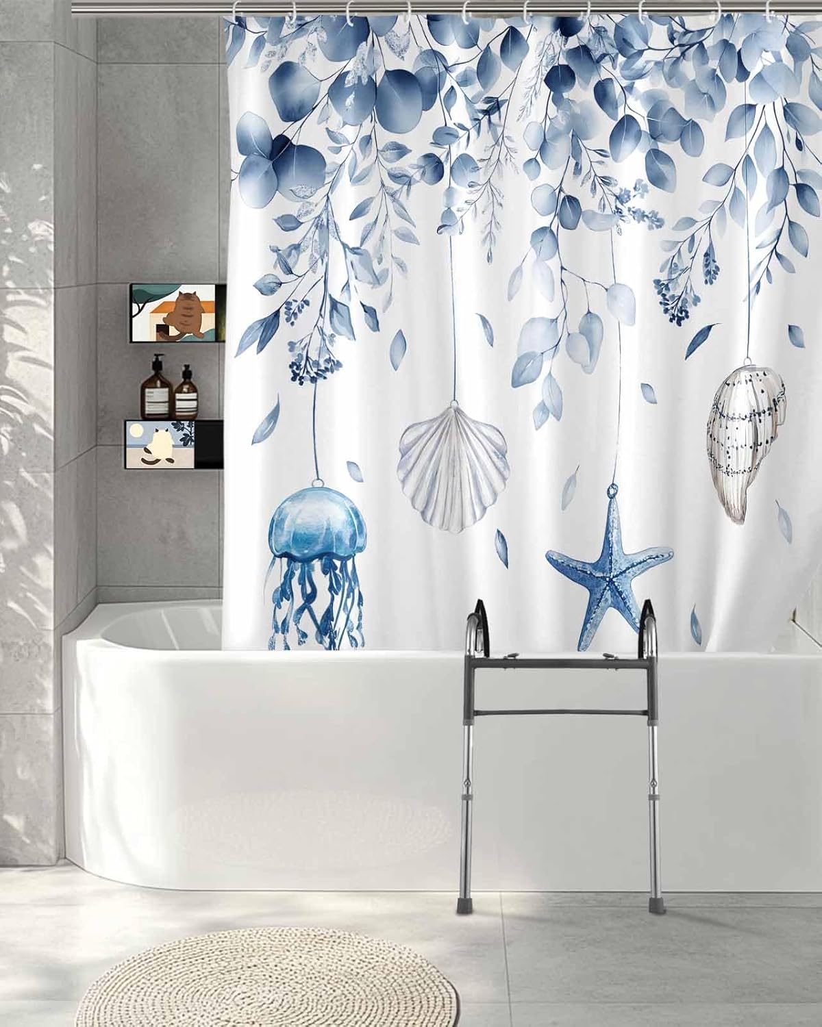 Split Shower Curtain for Transfer Bench, Blue Coastal Waterproof Fabric Shower Curtain, Spring Eucalyptus Leaf Beach Starfish Tub Sliding Transfer Bench Shower Curtains for Bathroom 72'' x 72''