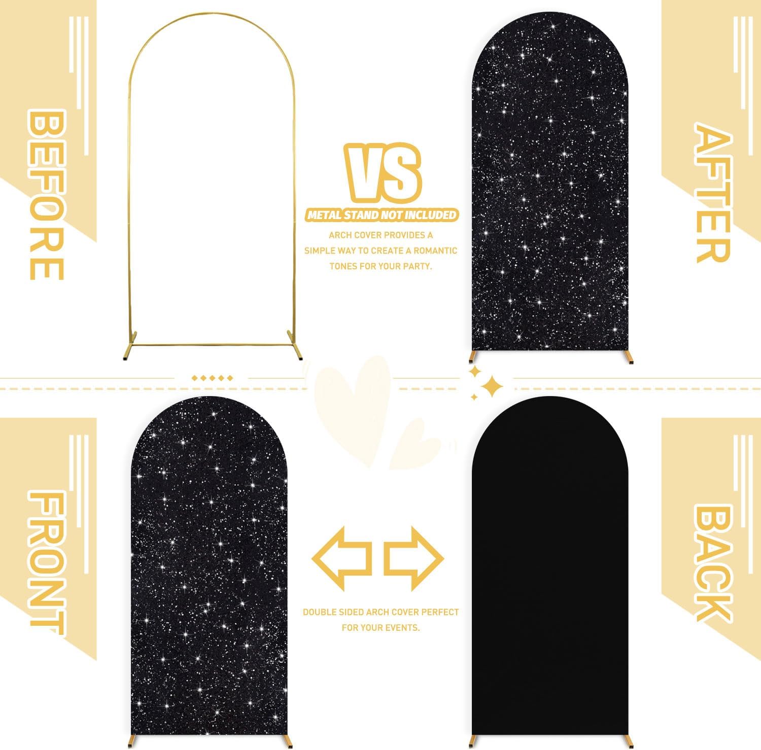 FUHSY Set of 3 Arch Backdrop Cover 7.2FT/6.6FT/6FT Black Spandex Sequin Arch Covers Stretchy Backdrop Glitter Chiara Wedding Arches Stand Cover for Birthday Party Ceremony Decor Indoor Outdoor