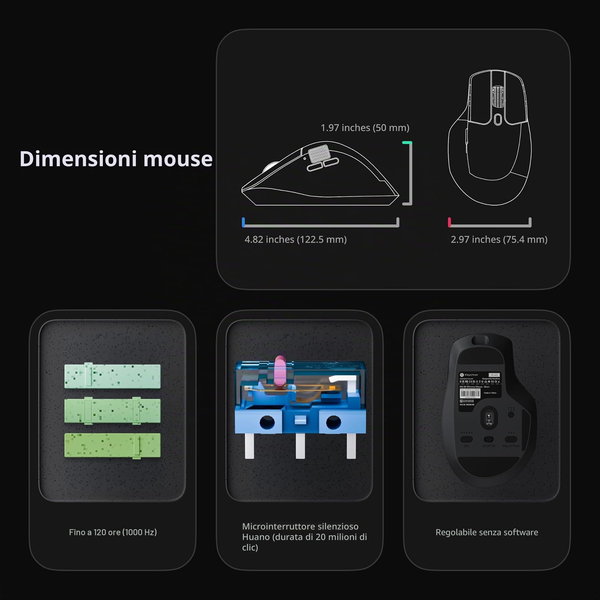 Keychron Mouse da gioco wireless M6 8K, 2.4G/Bluetooth/Wired, sensore PixArt 3950, polling 8000Hz, clic silenziosi, 5 profili di memoria integrati per Plug & Play, programmabile per Mac/Win/Linux