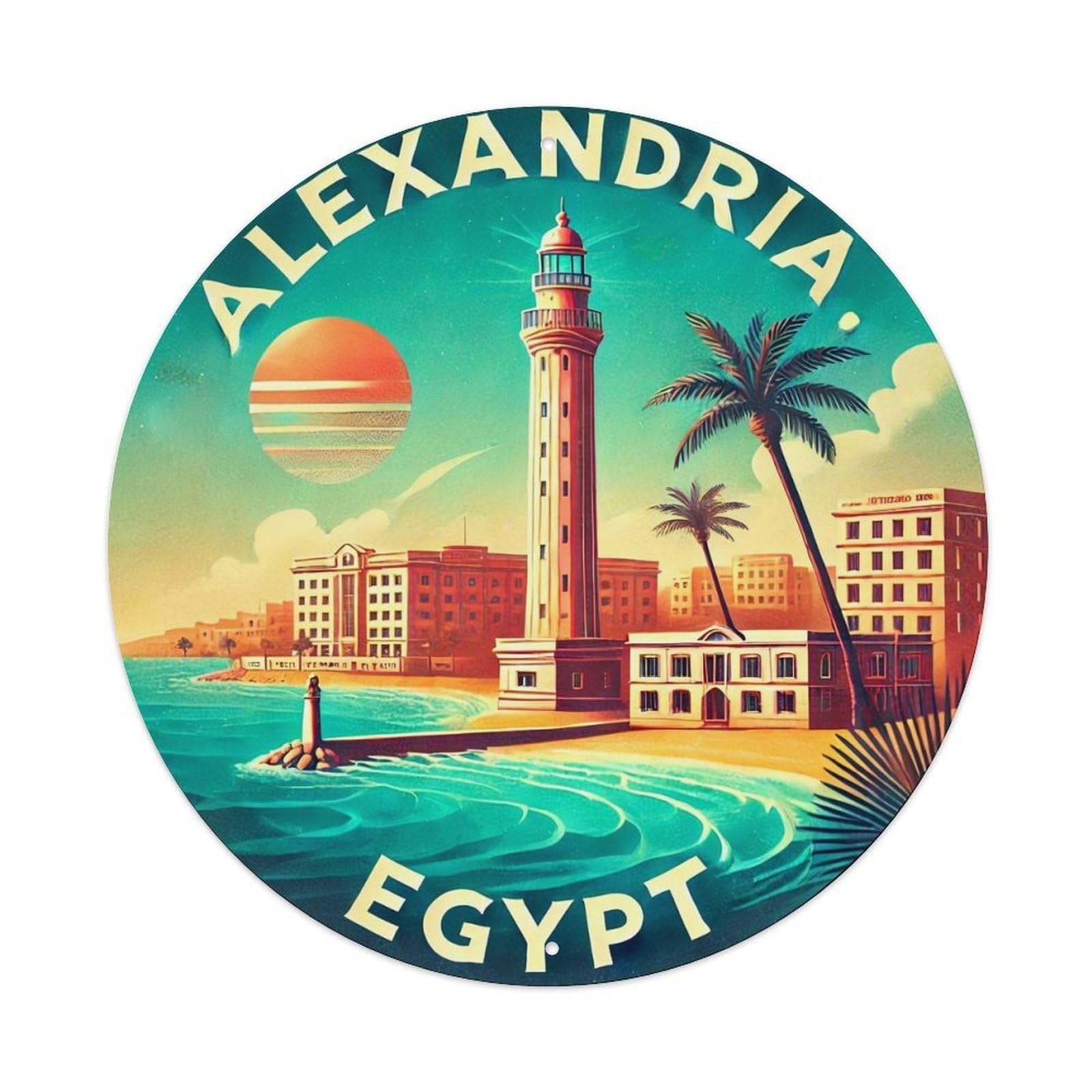 Alexandria Lighthouse Palm Trees Sea Sunset Metal Tin Sign Plaque