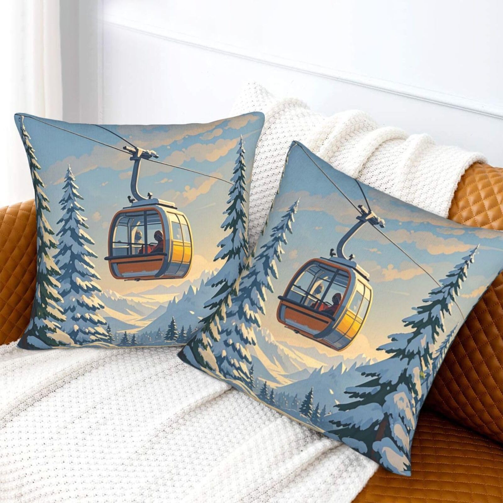 FJRFGbkJKN Decorative Throw Pillow Covers 16"x16" Throw Pillows Ski Lift with Fir Tree Pillow Cover Plush Pillow Case Square Cushion Case for Couch
