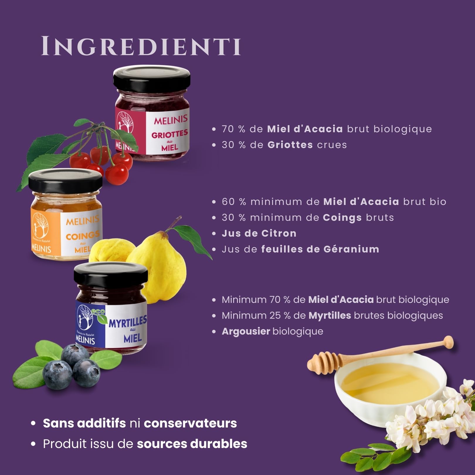Coffret Dégustation 3 × 40 g – Miel Bio Tartinable aux Myrtilles, Coings Bereczki et Griottes – Sans Sucre Ajouté – Tartinables Naturels pour Petit-Déjeuner, Snacks et Cadeau Gourmet – Melinis