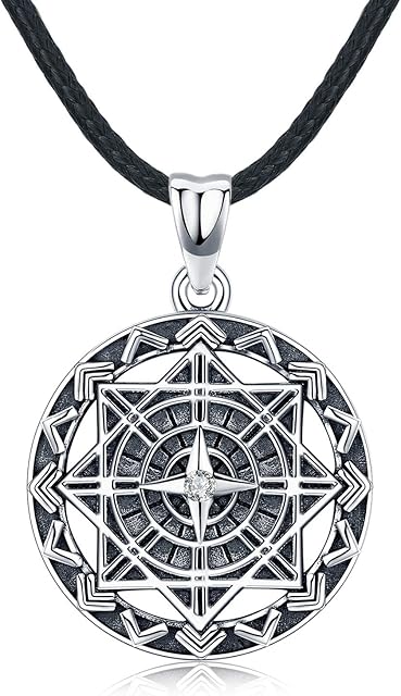 Odinstone Compass Necklace for Men, S925 Sterling Silver Pendant Compass of Life Fine Jewellery Gifts with Leather Rope length 22inch (56cm)