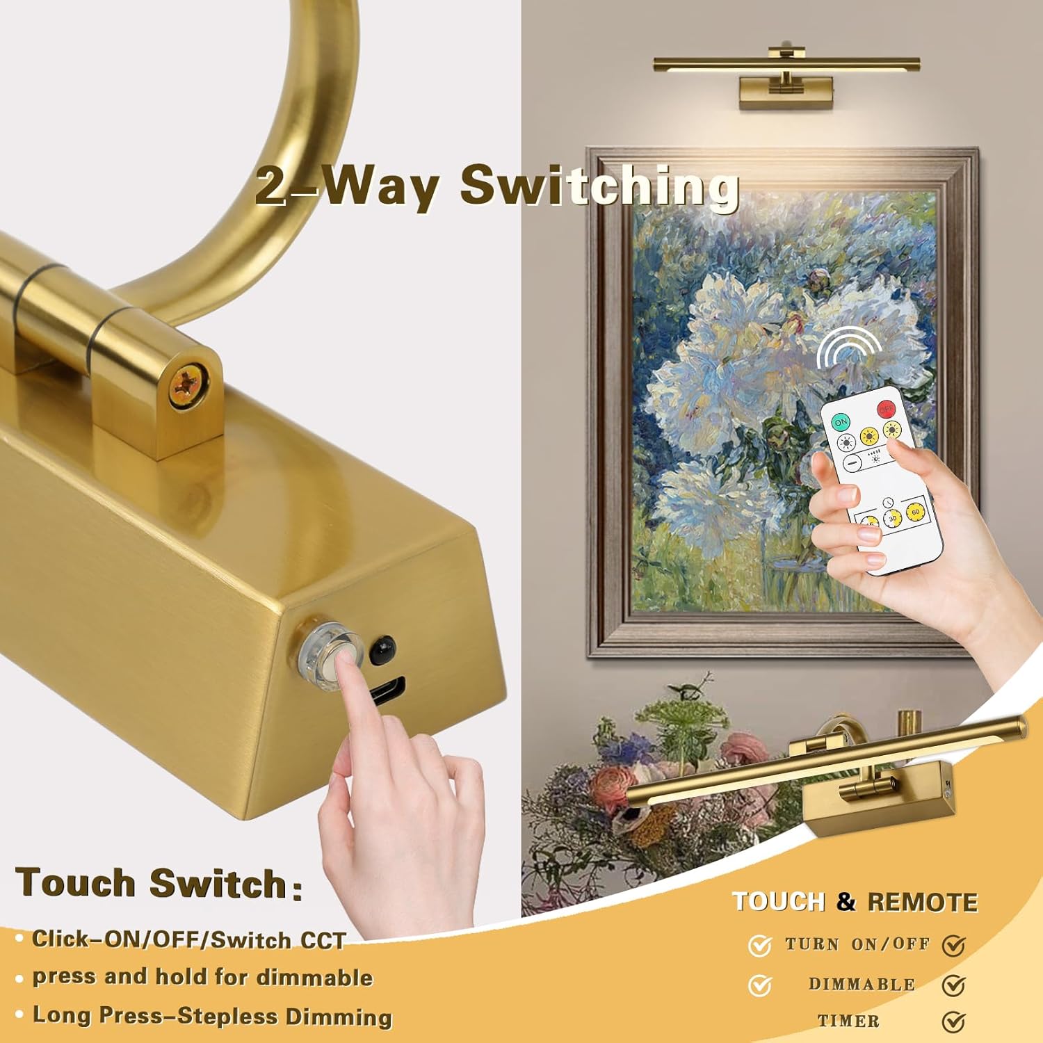 JUSHENG Wireless Picture Lights Battery Operated with Remote and Timer 15.75'' Inch 3W Brass Art Light with Swing Arm Rechargeable Gallery Lighting Artwork Light