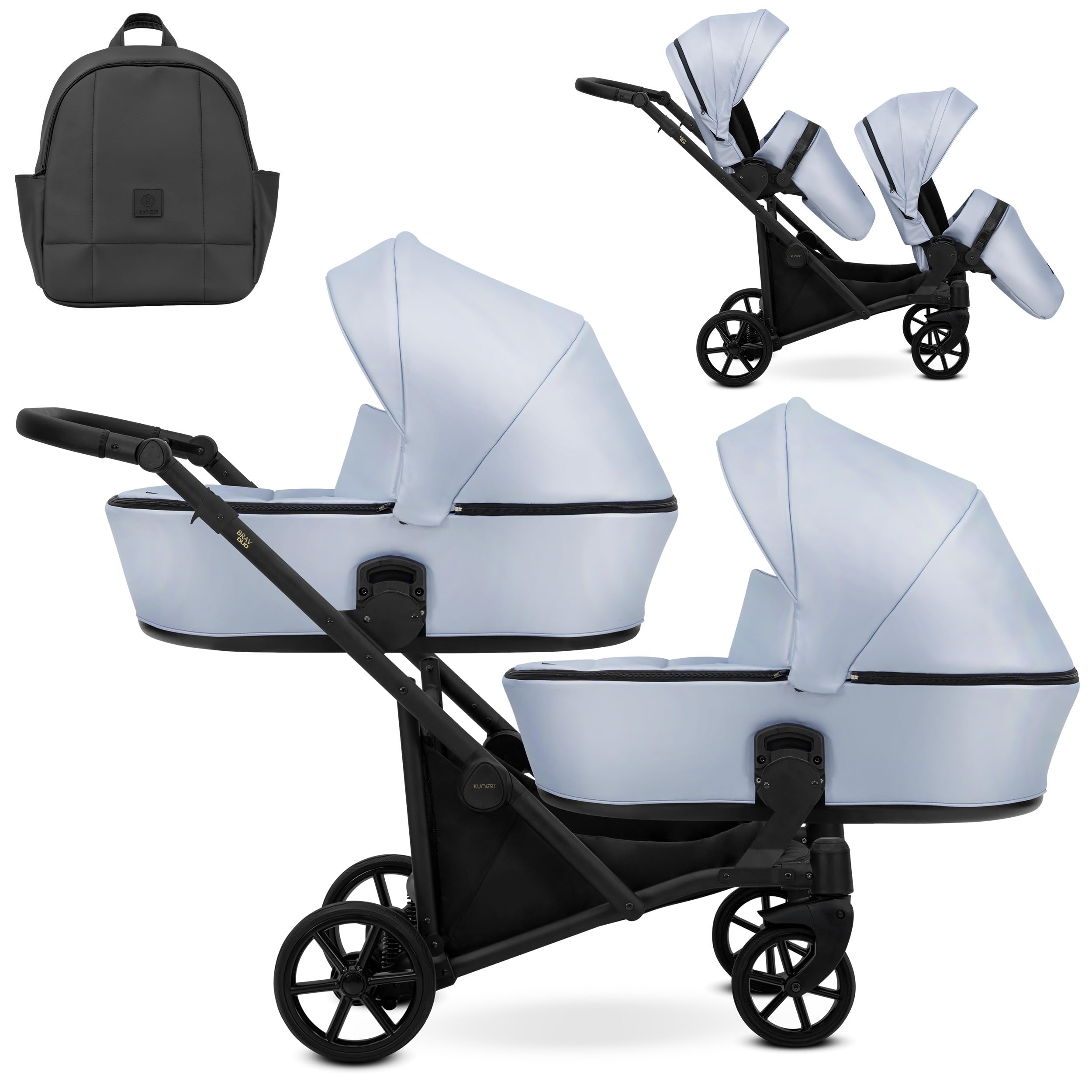 Kunert BRAV DUO Passeggino Gemellare 2 in 1+Accessori: Comfort, Sicurezza, Praticità, design elegante e funzionale, sistema versatile, telaio in alluminio, leggero, ecopelle baby blue/nero