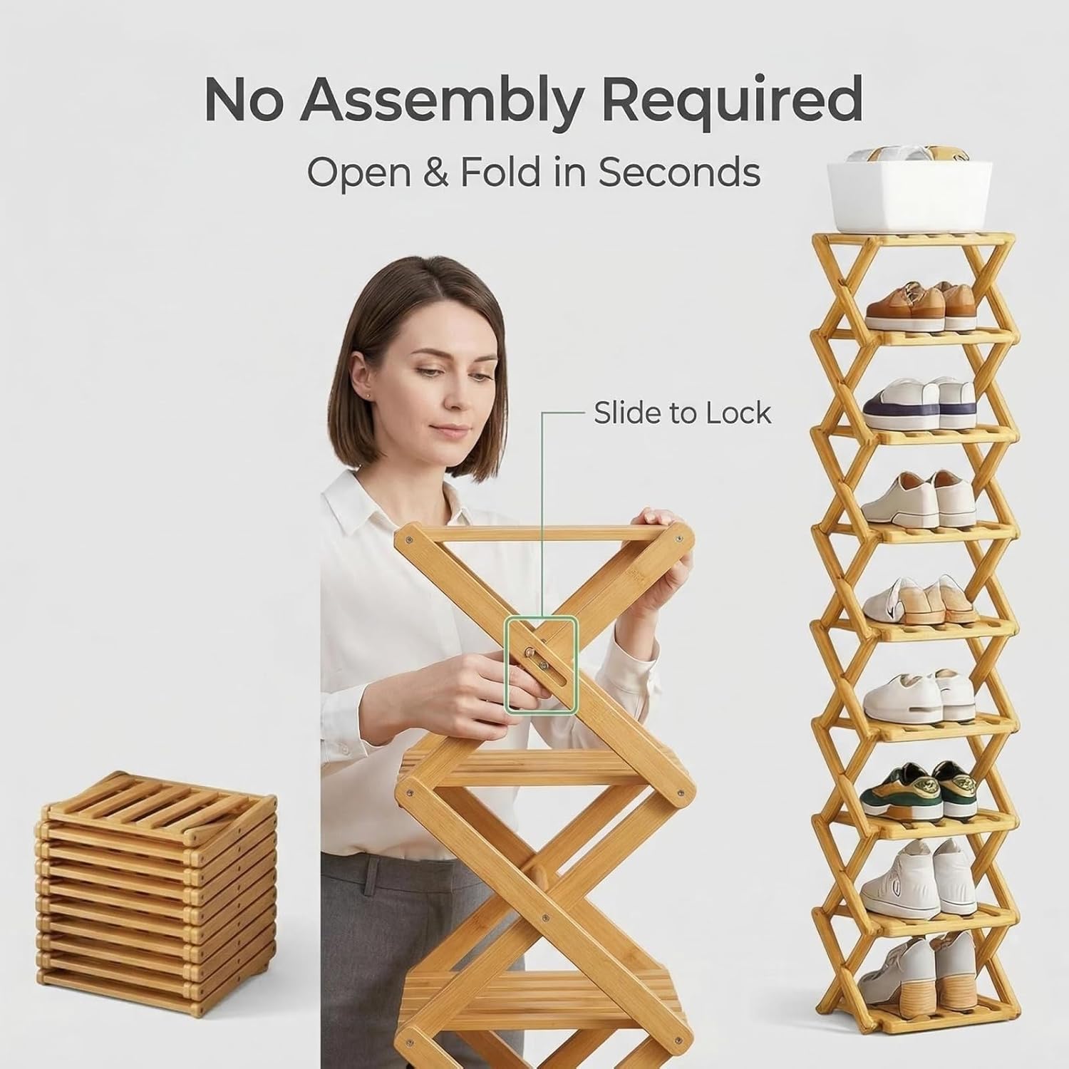 The 9-Tier No-Assembly Bamboo Rack,No Need to Assemble, Fast Folding Saves Space,Bamboo Shoe Storage Rack, Suitable for Entrance Corner Dormitories (Natural Wood Color, 4)