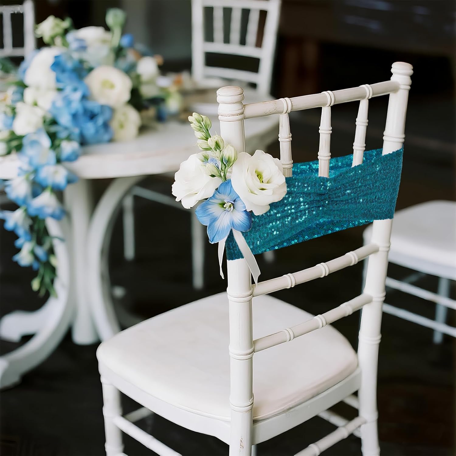 Poise3EHome Teal Sequin Chair Sashes 50 Pack, Double Sided Glitter Folding Chair Cover Bands for Wedding Party Ceremony Banquet Reception Decorations