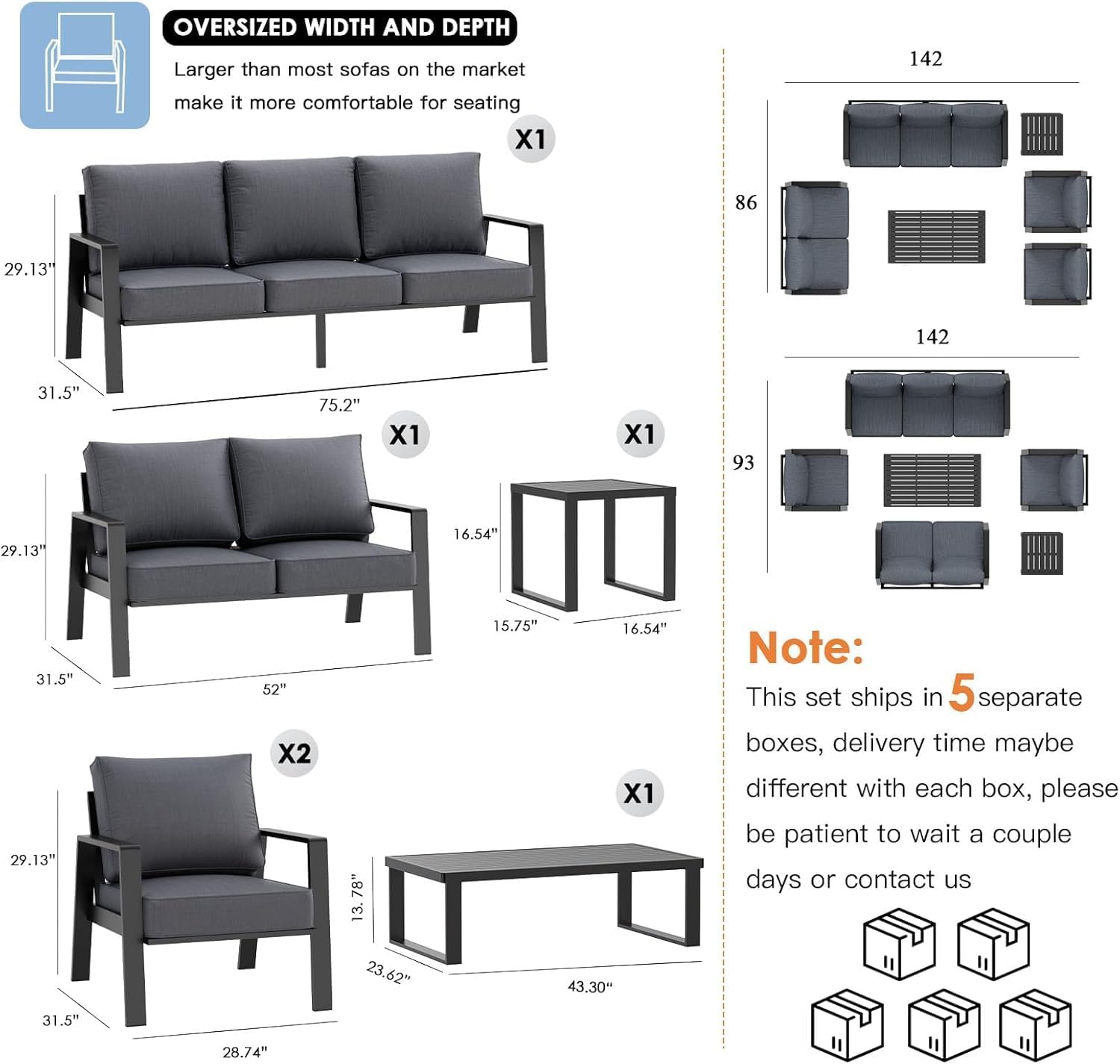 Aluminum Outdoor Loveseat, Oversized Patio Couch, Modern Sofa All Weather Metal Furniture Set with 5" Cushions (Black/Dark Grey)